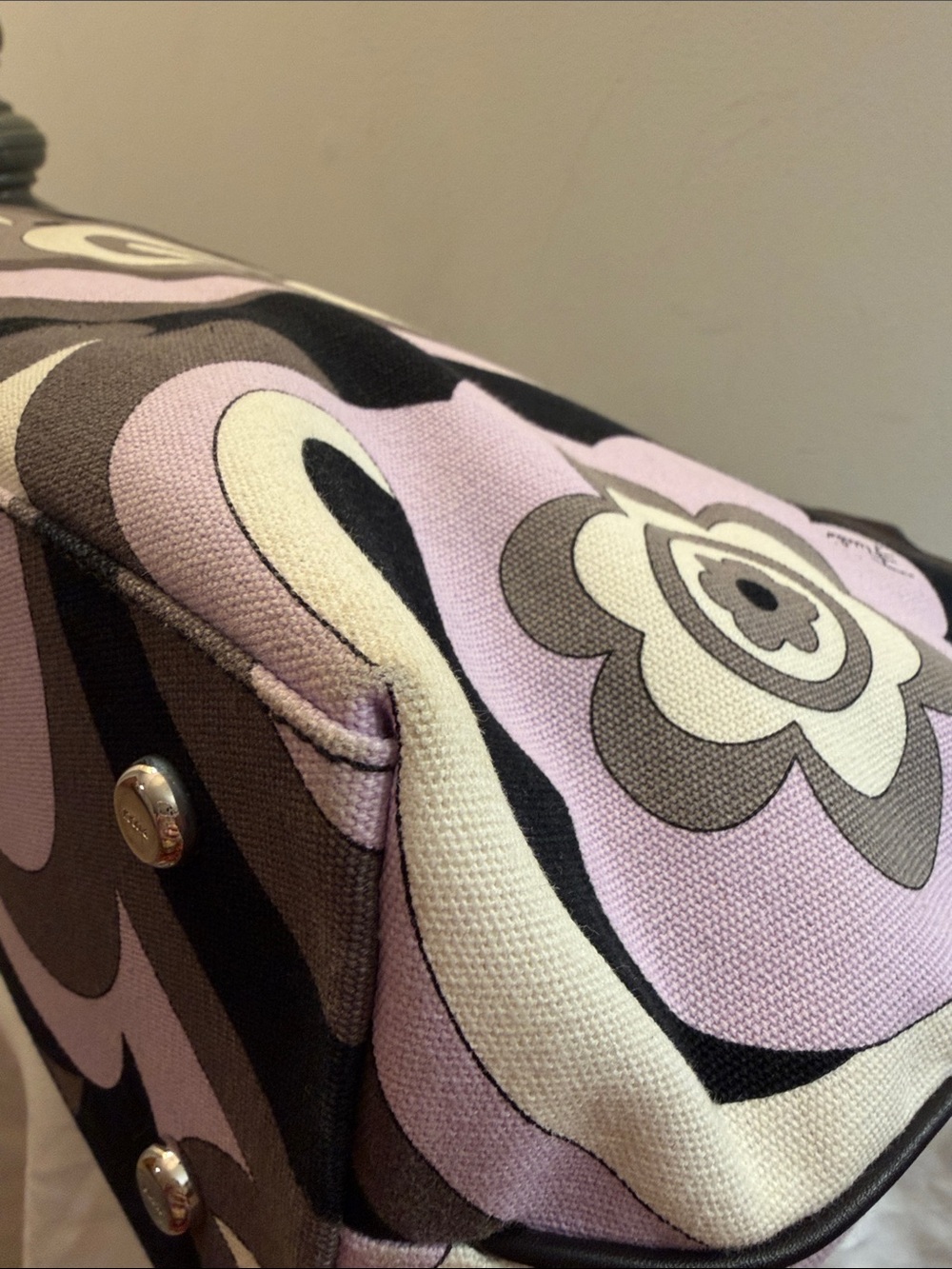 Vintage Emilio Pucci purple black gray and white canvas and leather tote handbag - Picture 4 of 15